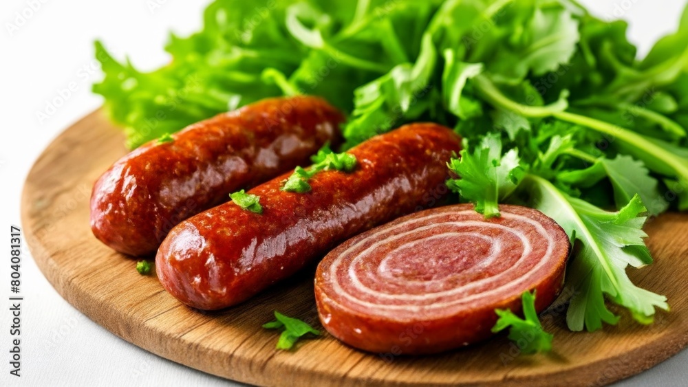 Deliciously prepared sausage and greens ready to be savored Deliciously prepared sausage and greens ready to be savored