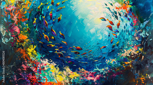 A painting of a school of fish swimming in a blue ocean photo