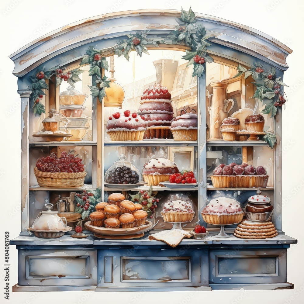 Charming watercolor of a bakery display brimming with holiday delights under a festive garland