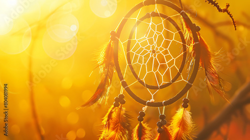 Beautiful dream catcher on yellow background closeup