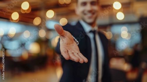 Close up crop image young businessman reaching out hand for shaking, proposing good deal to partner, making greeting gesture to client, welcoming new employee at work. Generative AI photo