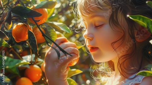 A young girl intimately engaging with the scent of a fresh citrus fruit in a sunlit grove. A young girl inhales the fresh scent of an orange amidst the warm glow of a citrus grove at sunset. AIG50