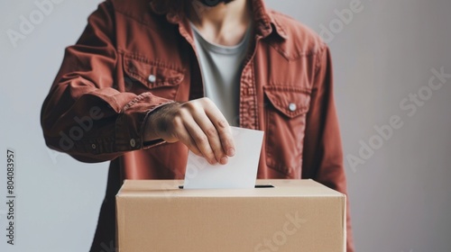 Man putting his vote into ballot box on light grey background. Generative AI photo