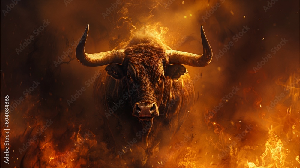 A dark brown bull with long horns, emerging from the flames of hell. The background is dark and ominous,Generative AI illustration.