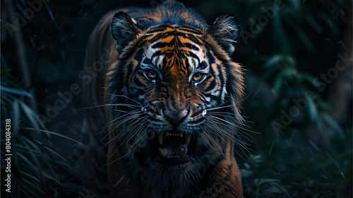 a fierce tiger in the dark  roaring at camera Generative AI illustration.