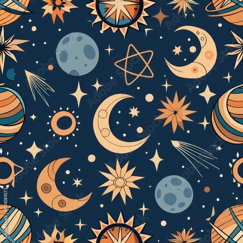 Seamless pattern of celestial elements like stars and moons intertwined with zodiac symbols  Generative AI