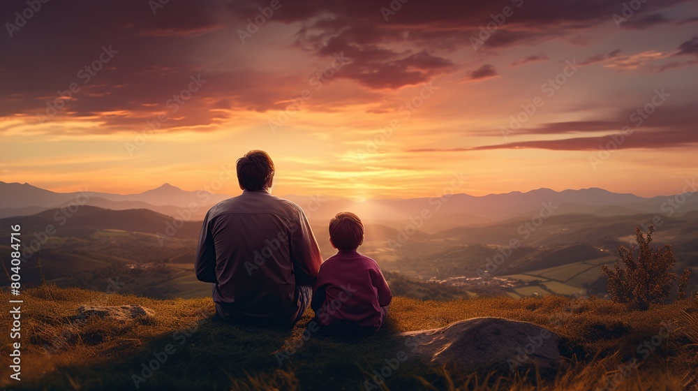 Father and his little son sitting on the top of hill looking beautiful sunset in this portrait from behind.