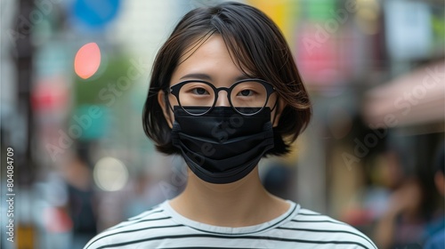 Asian woman wearing black mask and glasses, short hair, white striped t-shirt, blurred background,Generative AI illustration. © naphat