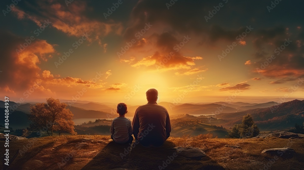 Father and his little son sitting on the top of hill looking beautiful sunset in this portrait from behind.