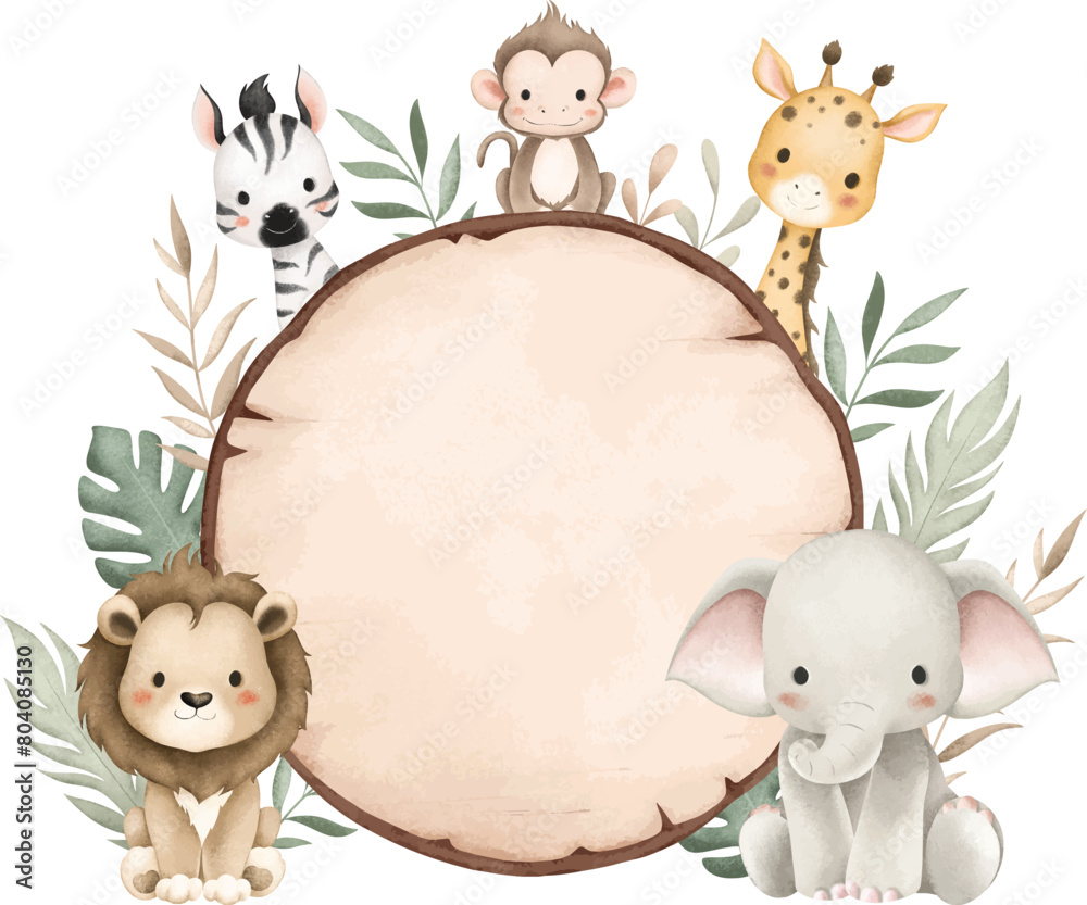 Obraz premium Watercolor Illustration Safari Animals and Wooden Board