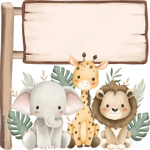 Watercolor Illustration Safari Animals and Wooden Board © Stella