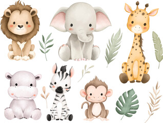 Wandcirkels Cartoons Aquarel safaridieren met tropische bladeren  © Stella