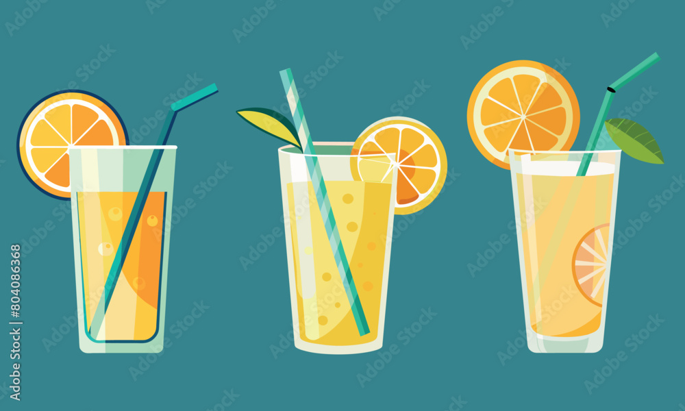 Stylized vector set of lemonade glasses on a vibrant, colorful background, perfect for summer-themed designs and refreshing beverage illustrations. Stylized vector set of lemonade glasses on a vibrant, colorful background, perfect for summer-themed designs and refreshing beverage illustrations.