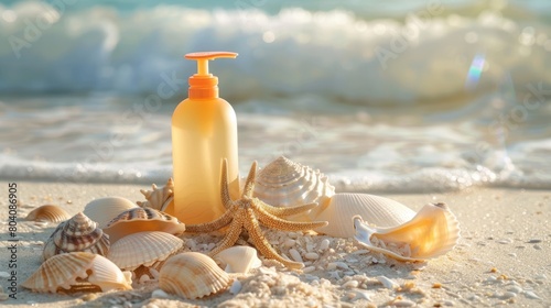 A white bottle of lotion is artistically surrounded by natural materials such as seashells and starfish. The intricate patterns of molluscs and invertebrates closeup create a beautiful piece of art