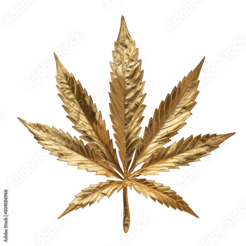 Golden coloured Leaf of full-grown Hemp - Cannabis - isolated on white background with shadow. Growing medical marijuana. Studio shot.