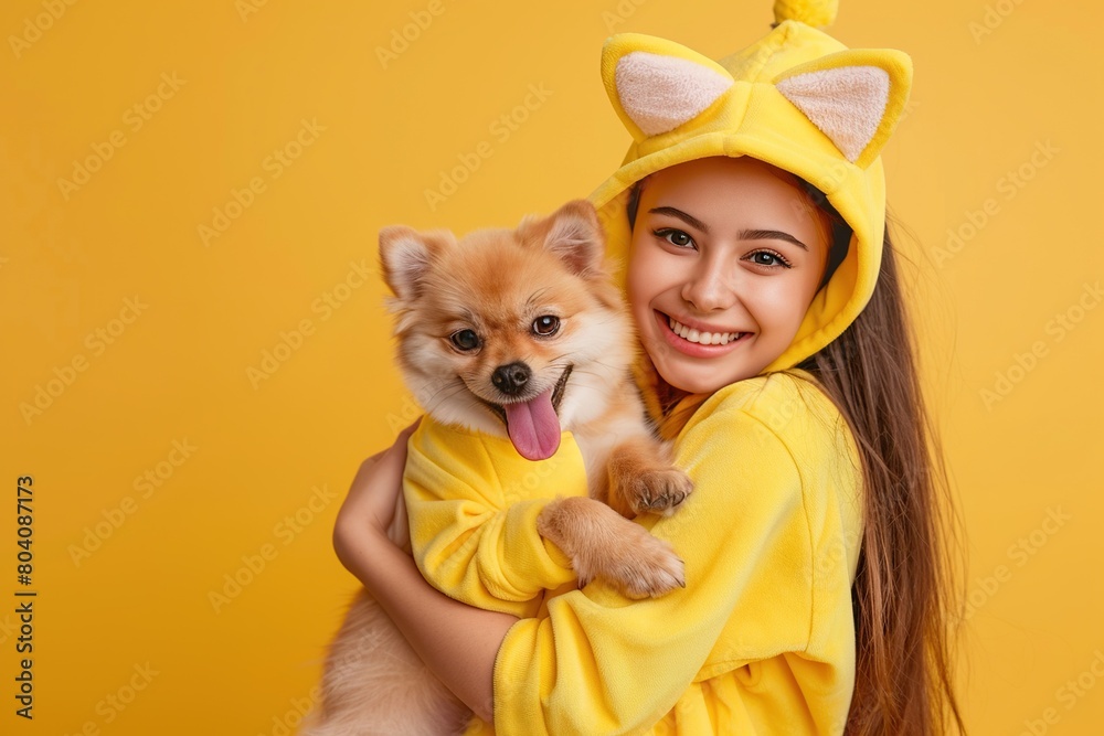 happy girl hugs dog