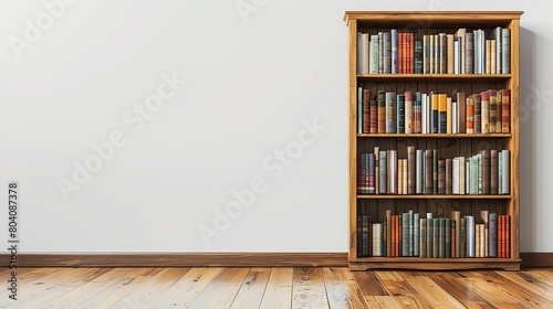 one bookcase with books on the parquet floor against the white wall. copy space for text. photo