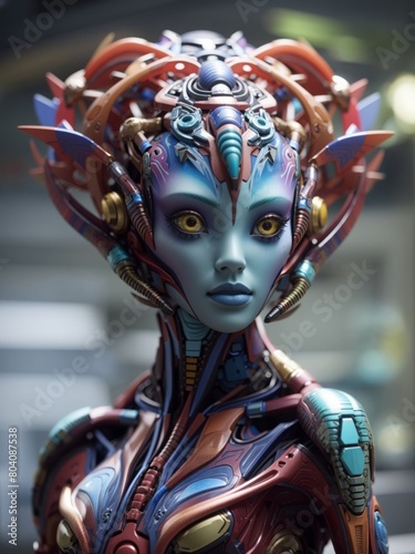 Mysterious female alien human hybrid with blue skin and a complex and large fantasy headdress 