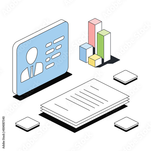 Charts, documents, user card, personal account. Vector 3d line isometric, color web icons, new flat style. Creative design idea for infographics.