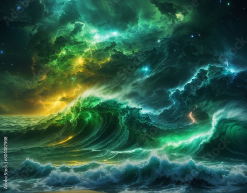 Bizarre dreamlike outer space landscape with cloudy yellow green and blue nebula merging with crashing ocean waves