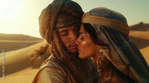 beautiful woman in Arab burqa costume , kissing the beautiful man , desert , photorealistic , cinematic light , aesthetics of an oriental fairy tale photo