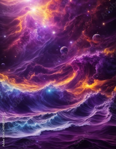 Vibrant surreal landscape featuring blue orange purple and blue nebula merged with crashing ocean waves stars and planets