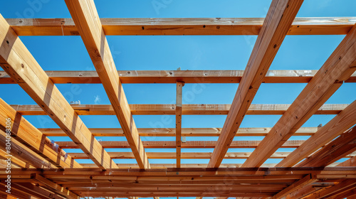 Building a wooden canopy from boards and steel beams. Empty construction site with blue sky in the background. Horizontal view.