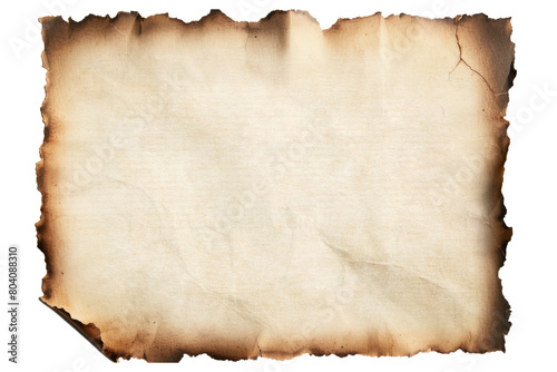 A sheet of old rough recycled paper with splashes and ragged edges on a white background with a shadow. Copyspace for treasure map design.