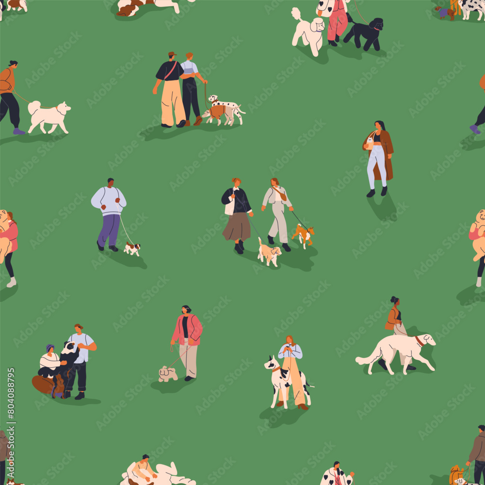 People walking dogs, seamless pattern. Tiny owners strolling with puppies of different canine breeds outdoors, endless background. Repeating print, texture design. Flat vector illustration for fabric