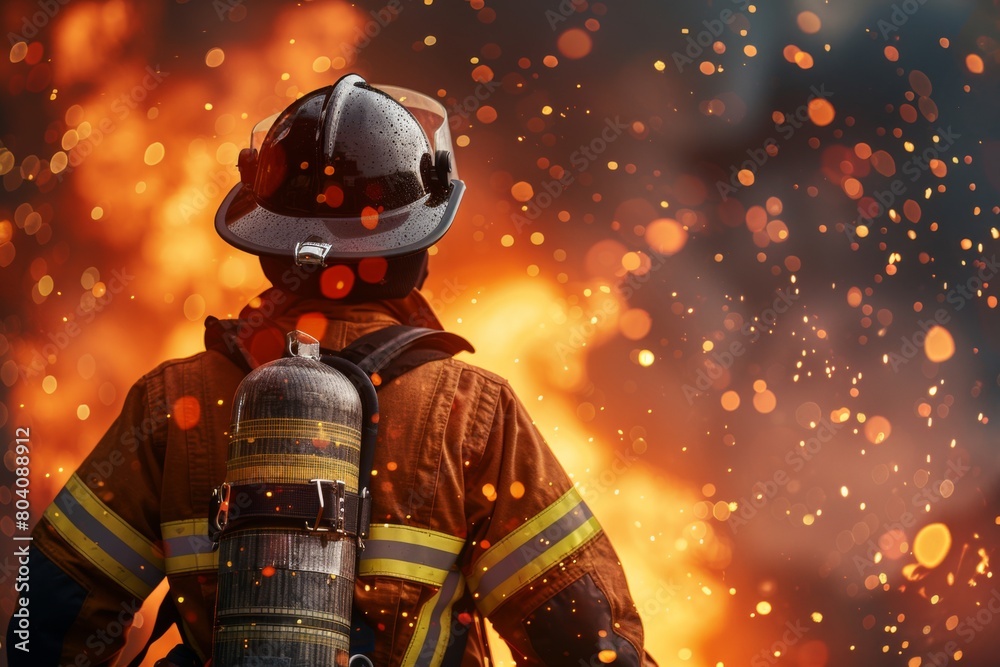 Fototapeta premium A close-up view of a firefighter equipped with helmet and protective gear amidst a blazing inferno, showcasing courage and dedication.