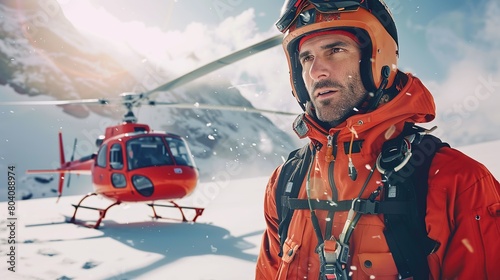Portrait of a male rescue personnel staff with helicopter in snow mountain field. copy space for text.