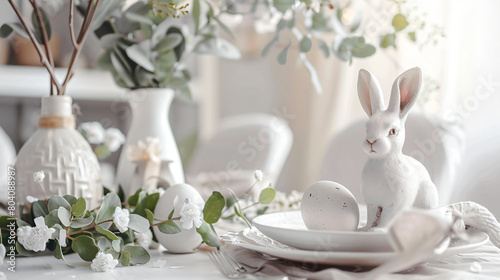 Beautiful table setting with Easter rabbit and eucalyp