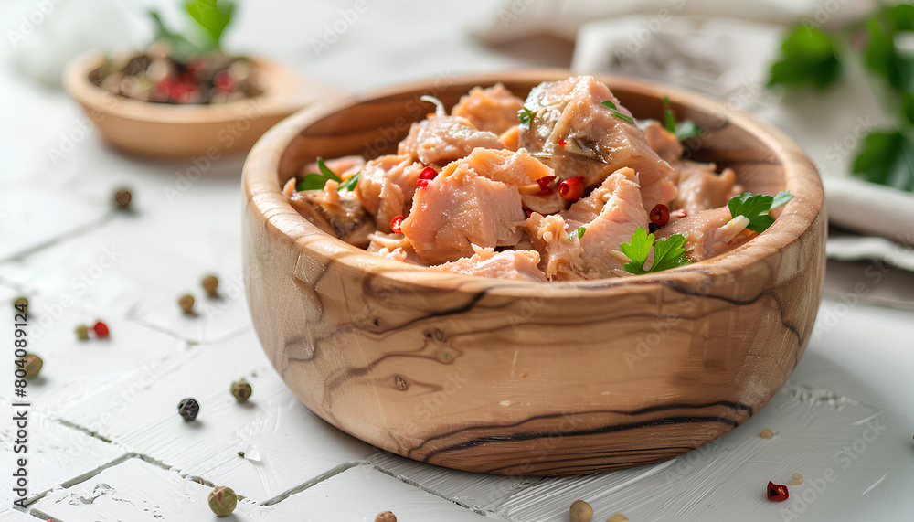 Wooden bowl with delicious canned tuna on white tiled table