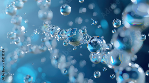 Cosmetic essence bubbles floating in a liquid with DNA water drops in the background. 3D illustration.