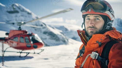 Portrait of a male rescue personnel staff with helicopter in snow mountain field. copy space for text. photo