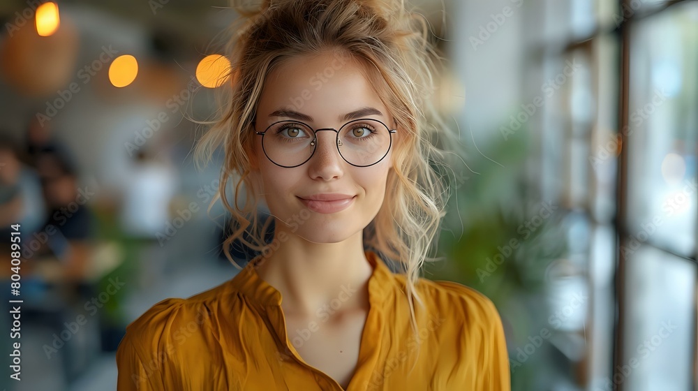 Obraz premium Elegant Woman in Casual Business Attire in Serene Office Setting