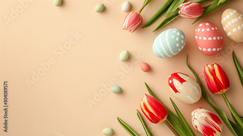 Beautiful tulip flowers and painted Easter eggs on bei photo