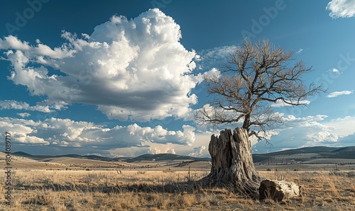 A view of a cumulus cloud behind a leafless tree and a stump in the backcountry wilderness of the Valles Caldera National Preserve, New Mexico photo