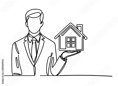 continuous one black line drawing businessman hand holding house icon sign saving money concept outline doodle illustration © Sone
