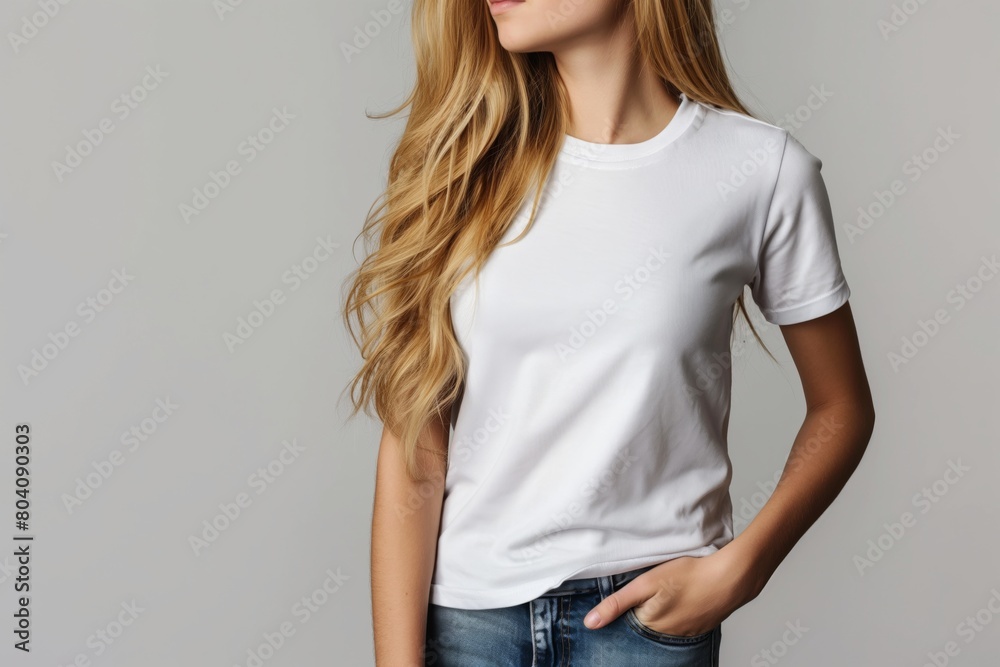 Woman wearing blank t-shirt mockup with copy space for your text. Woman wearing blank t-shirt mockup with copy space for your text.
