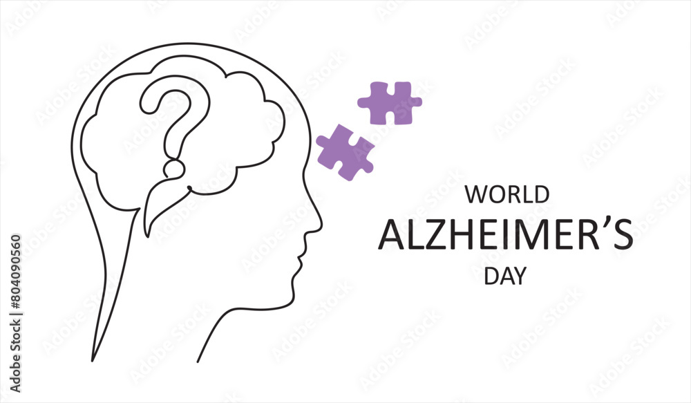 Alzheimer s day simple background, web banner, poster with brain and puzzle. One continuous line drawing background with lettering Alzheimer s day. Alzheimer s day simple background, web banner, poster with brain and puzzle. One continuous line drawing background with lettering Alzheimer s day.