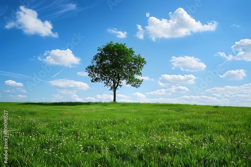 Lush green meadow with a single tree under blue skies