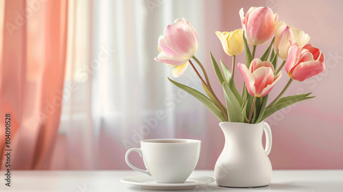 Beautiful vase with tulips on table and cup of tea in