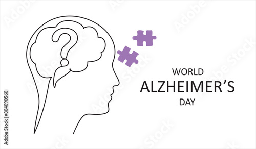 Alzheimer s day simple background, web banner, poster with brain and puzzle. One continuous line drawing background with lettering Alzheimer s day.