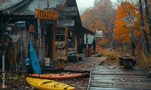 A sign saying sales to the left and rentals to the right on the side of an outdoor gear outfitter photo