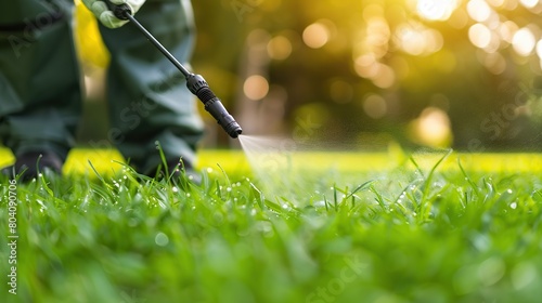 Worker spraying pesticide on a green lawn outdoors for pest control: A close-up view. Concept Pesticide Application, Pest Control, Green Lawn, Close-up Shot. copy space for text.