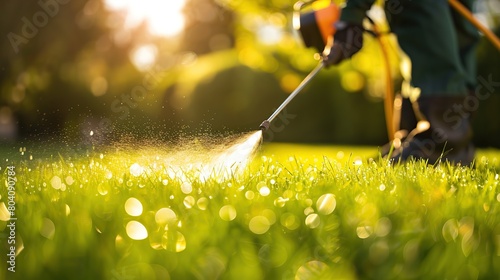 Worker spraying pesticide on a green lawn outdoors for pest control: A close-up view. Concept Pesticide Application, Pest Control, Green Lawn, Close-up Shot. copy space for text. photo