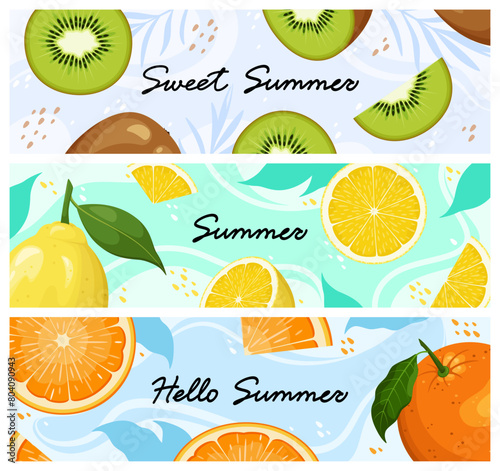 Design of summer vector posters with elements of tropical fruits, leaves and abstract elements. Hello, sweet summer, fruit background for the banner.
