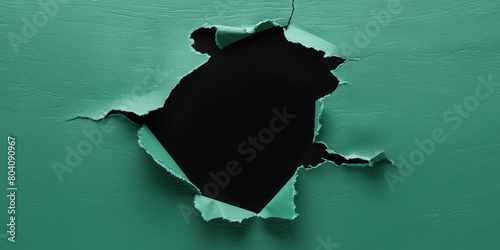 Green paper with black round ripped hole, flat 2D illustration, background