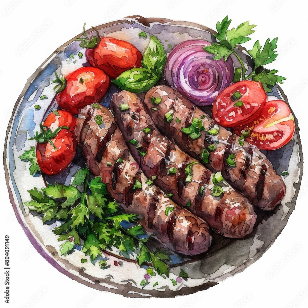 Grilled sliced Beef Steak with tomatoes and rosemary on a plate Isolated on white background, watercolor. ai generated